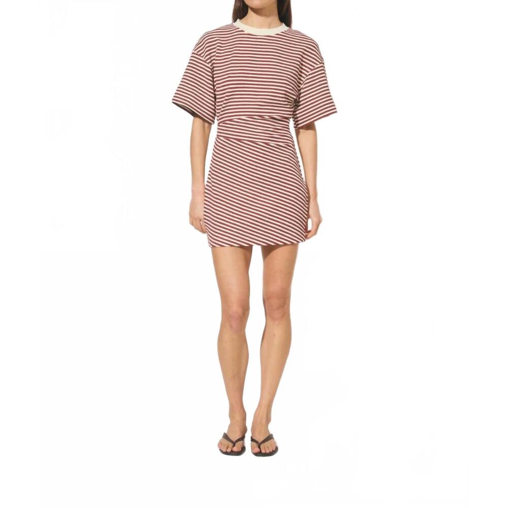 NEW MON RENN aura mini dress in burgundy/cream stripe
